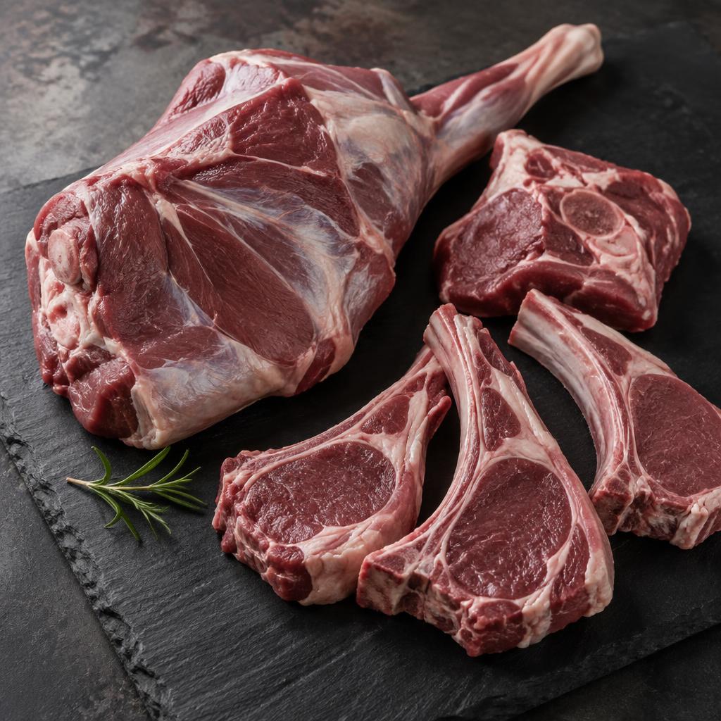Fresh goat cuts on dark slate