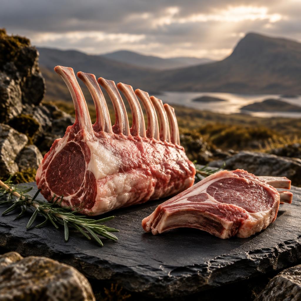 Fresh lamb cuts on dark slate